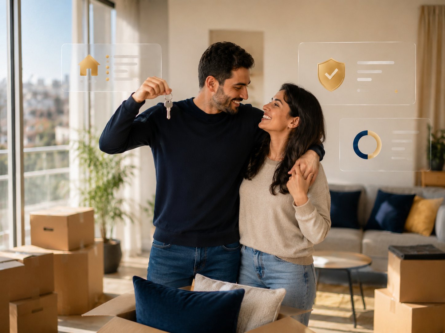 זוג מקבל מפתחות לדירה חדשה לאחר משכנתא ב-100% מימון